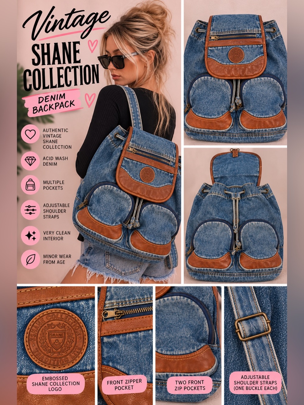 Vintage Shane Collection Acid Wash Denim Backpack | 80s/90s Retro